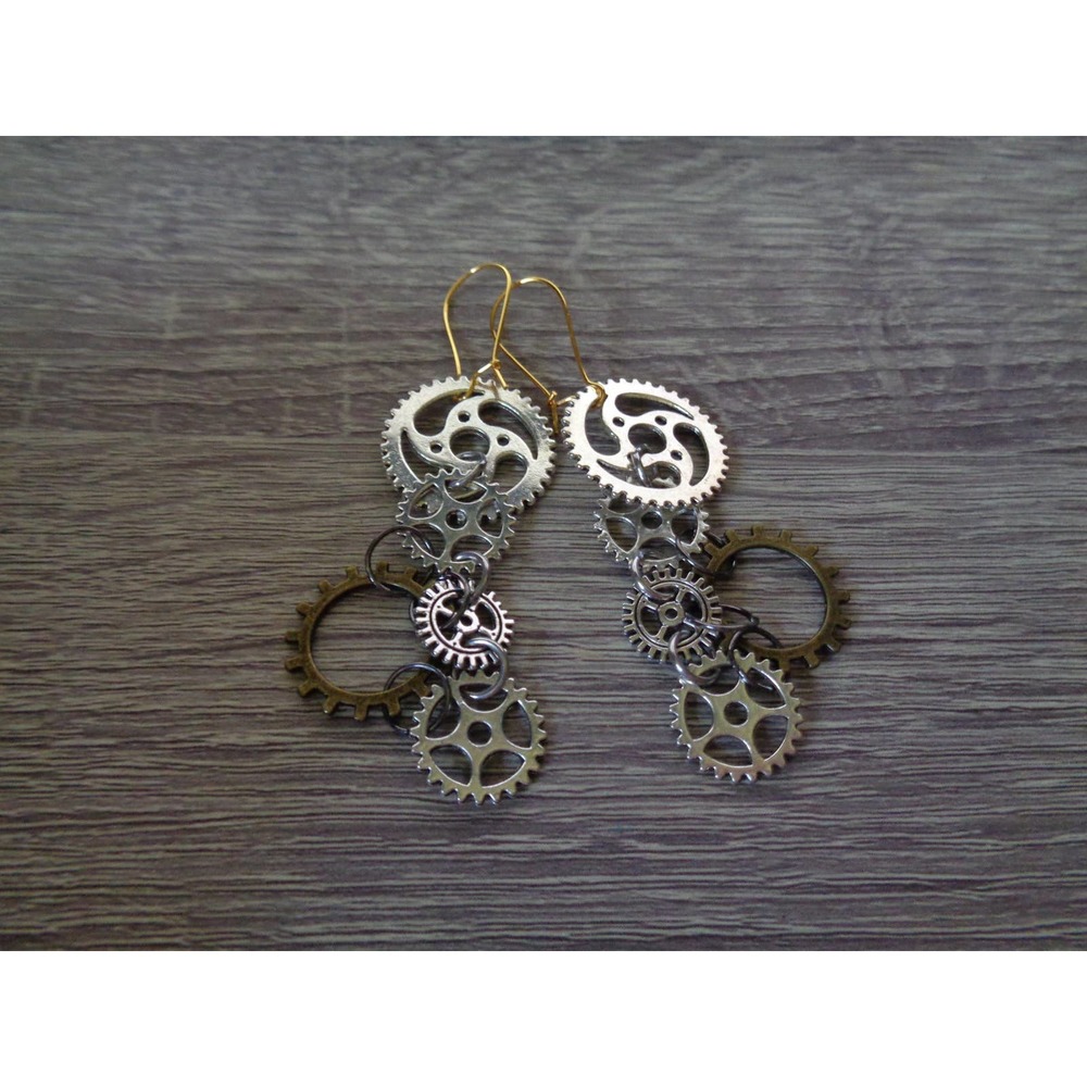 Steampunk earrings gear sprocket earring - Picture 2 of 6